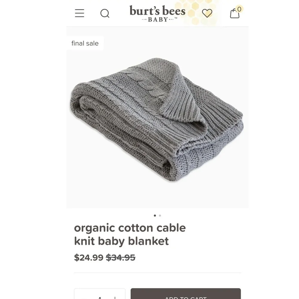 Burt's Bees Baby Organic Cotton Cable Knit Blanket Heather Grey HM10260-HTG